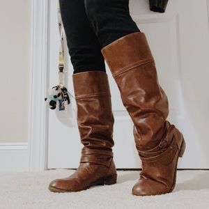 brown mid calf faux leather boots